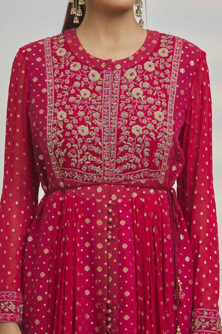 Shyam Narayan Prasad_Pink Chanderi Embroidery, Sequins Round Neck Floral Pattern Anarkali Set _Online_at_Aza_Fashions
