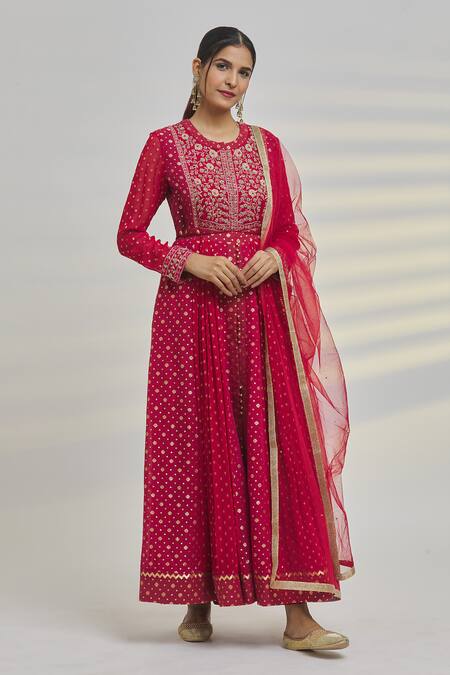 Shop_Shyam Narayan Prasad_Pink Chanderi Embroidery, Sequins Round Neck Floral Pattern Anarkali Set _Online_at_Aza_Fashions