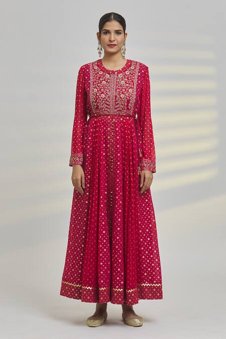 Shyam Narayan Prasad_Pink Chanderi Embroidery, Sequins Round Neck Floral Pattern Anarkali Set _at_Aza_Fashions