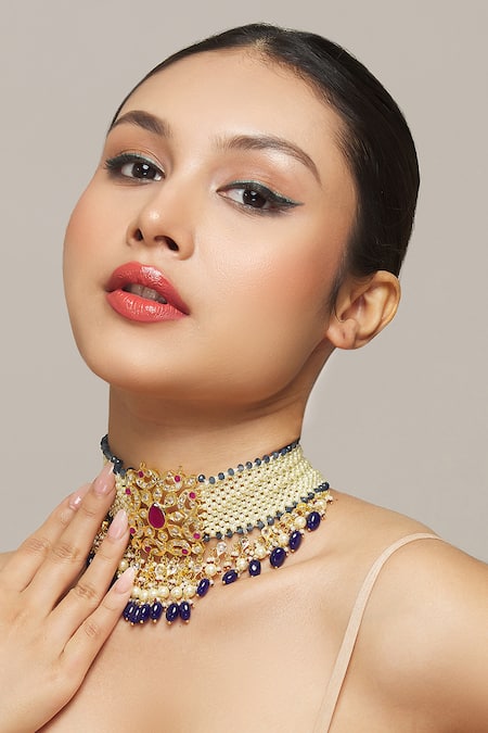 Shop Kiara Gold Plated Pearl Jaali Embellished Choker at Aza Fashions Shop_Kiara_Gold Plated Pearl Jaali Embellished Choker_at_Aza_Fashions