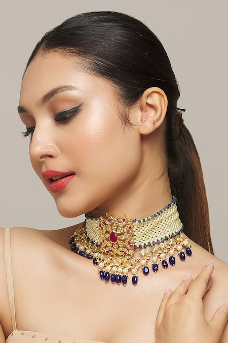 Buy Kiara Gold Plated Pearl Jaali Embellished Choker Online at Aza Fashions Buy_Kiara_Gold Plated Pearl Jaali Embellished Choker_Online_at_Aza_Fashions