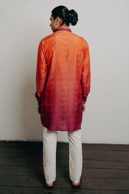 Shop Krishna Mehta Orange Tussar Embroidery Textured Print Short Kurta And Pant Set at Aza Fashions Shop_Krishna Mehta_Orange Tussar Embroidery Textured Print Short Kurta And Pant Set_at_Aza_Fashions