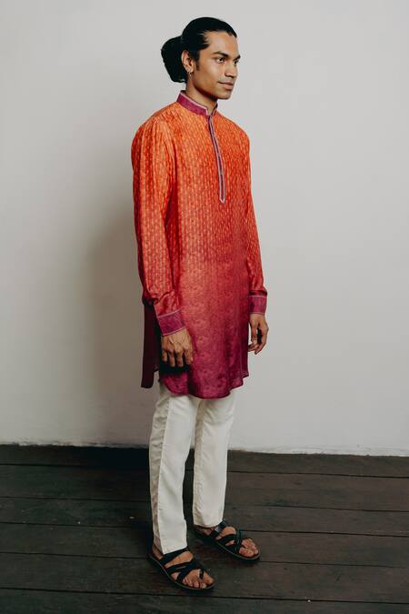 Buy Krishna Mehta Orange Tussar Embroidery Textured Print Short Kurta And Pant Set Online at Aza Fashions Buy_Krishna Mehta_Orange Tussar Embroidery Textured Print Short Kurta And Pant Set_Online_at_Aza_Fashions