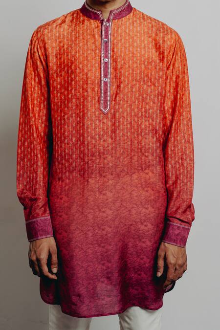 Shop Krishna Mehta Orange Tussar Embroidery Textured Print Short Kurta And Pant Set Online at Aza Fashions Shop_Krishna Mehta_Orange Tussar Embroidery Textured Print Short Kurta And Pant Set_Online_at_Aza_Fashions