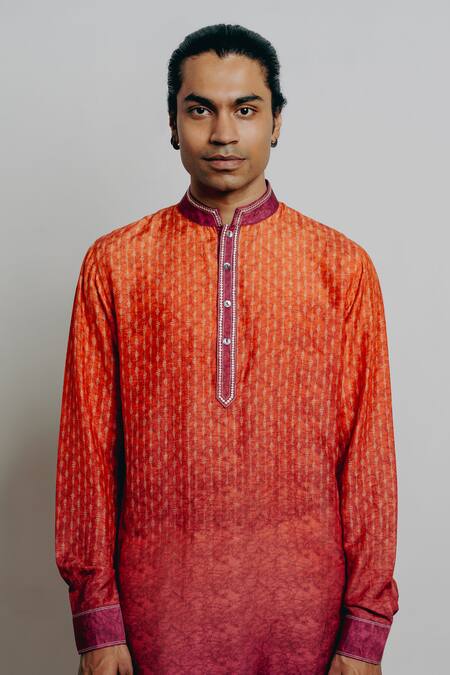 Krishna Mehta Orange Tussar Embroidery Textured Print Short Kurta And Pant Set at Aza Fashions Krishna Mehta_Orange Tussar Embroidery Textured Print Short Kurta And Pant Set_at_Aza_Fashions