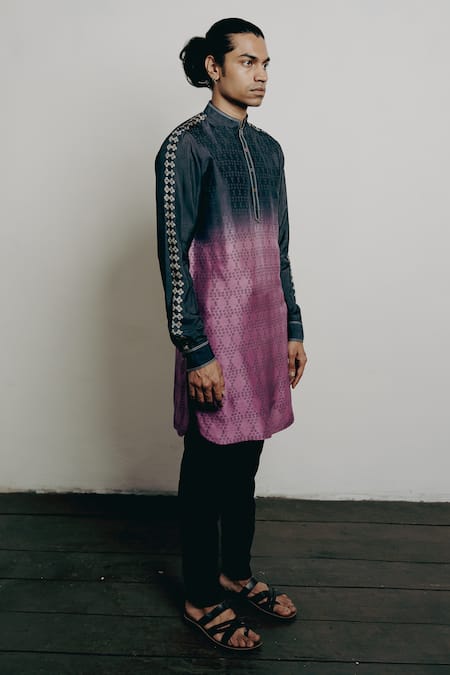 Buy Krishna Mehta Black Tussar Embroidery Shaded Bandhani Print Kurta And Pant Set Online at Aza Fashions Buy_Krishna Mehta_Black Tussar Embroidery Shaded Bandhani Print Kurta And Pant Set _Online_at_Aza_Fashions