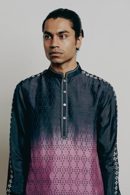 Shop Krishna Mehta Black Tussar Embroidery Shaded Bandhani Print Kurta And Pant Set Online at Aza Fashions Shop_Krishna Mehta_Black Tussar Embroidery Shaded Bandhani Print Kurta And Pant Set _Online_at_Aza_Fashions