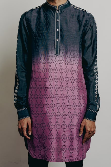 Krishna Mehta Black Tussar Embroidery Shaded Bandhani Print Kurta And Pant Set at Aza Fashions Krishna Mehta_Black Tussar Embroidery Shaded Bandhani Print Kurta And Pant Set _at_Aza_Fashions