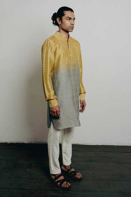 Buy_Krishna Mehta_Yellow Tussar Embroidery Shaded Bandhani Print Short Kurta And Pant Set _Online_at_Aza_Fashions