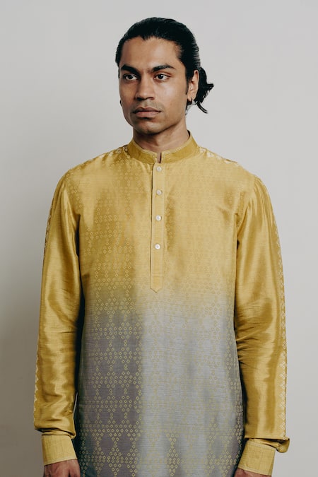 Shop_Krishna Mehta_Yellow Tussar Embroidery Shaded Bandhani Print Short Kurta And Pant Set _Online_at_Aza_Fashions