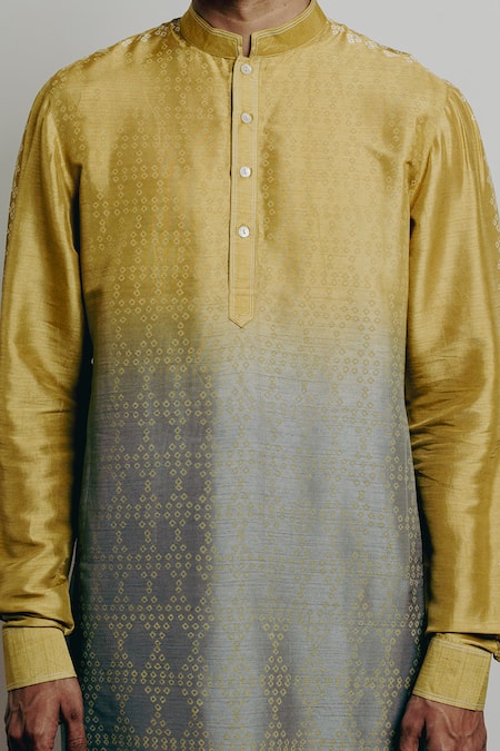Krishna Mehta_Yellow Tussar Embroidery Shaded Bandhani Print Short Kurta And Pant Set _at_Aza_Fashions