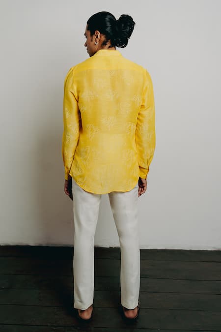 Shop Krishna Mehta Yellow Tussar Embroidery Hand Block Print Shirt at Aza Fashions Shop_Krishna Mehta_Yellow Tussar Embroidery Hand Block Print Shirt _at_Aza_Fashions