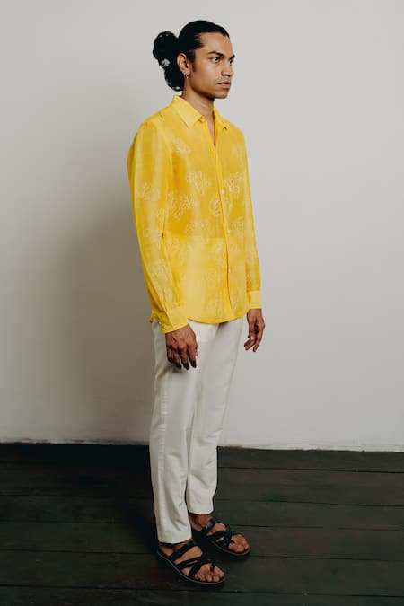 Krishna Mehta Yellow Tussar Embroidery Hand Block Print Shirt Online at Aza Fashions Krishna Mehta_Yellow Tussar Embroidery Hand Block Print Shirt _Online_at_Aza_Fashions
