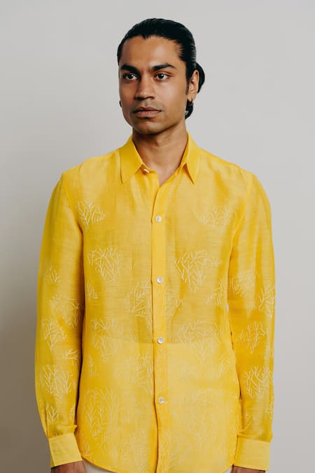 Buy Krishna Mehta Yellow Tussar Embroidery Hand Block Print Shirt Online at Aza Fashions Buy_Krishna Mehta_Yellow Tussar Embroidery Hand Block Print Shirt _Online_at_Aza_Fashions