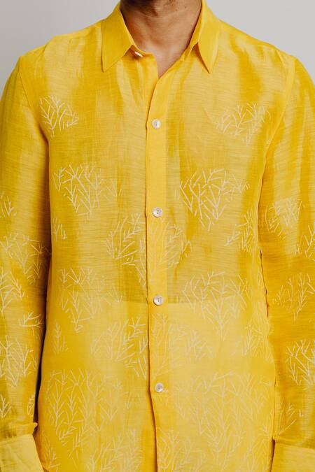 Shop Krishna Mehta Yellow Tussar Embroidery Hand Block Print Shirt Online at Aza Fashions Shop_Krishna Mehta_Yellow Tussar Embroidery Hand Block Print Shirt _Online_at_Aza_Fashions
