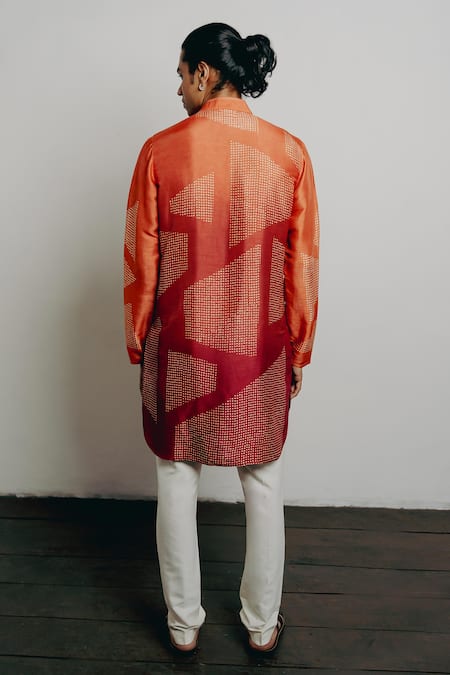 Shop Krishna Mehta Orange Tussar Geometric Block Print Kurta Set at Aza Fashions Shop_Krishna Mehta_Orange Tussar Geometric Block Print Kurta Set _at_Aza_Fashions