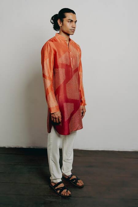 Buy Krishna Mehta Orange Tussar Geometric Block Print Kurta Set Online at Aza Fashions Buy_Krishna Mehta_Orange Tussar Geometric Block Print Kurta Set _Online_at_Aza_Fashions