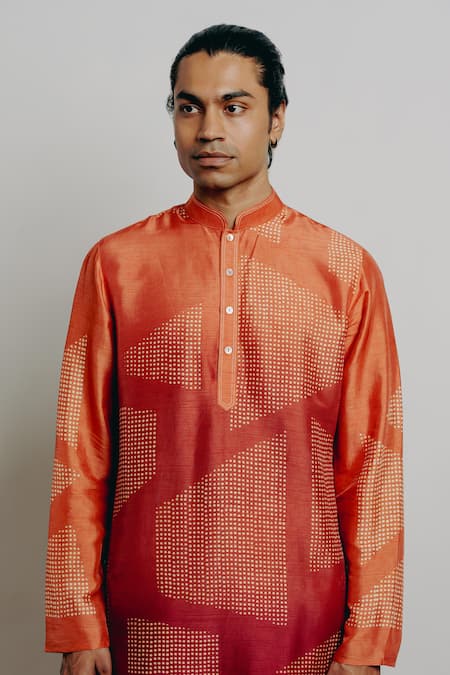 Shop Krishna Mehta Orange Tussar Geometric Block Print Kurta Set Online at Aza Fashions Shop_Krishna Mehta_Orange Tussar Geometric Block Print Kurta Set _Online_at_Aza_Fashions