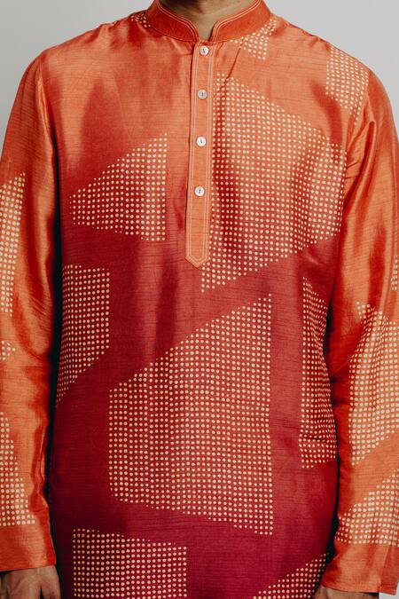Krishna Mehta Orange Tussar Geometric Block Print Kurta Set at Aza Fashions Krishna Mehta_Orange Tussar Geometric Block Print Kurta Set _at_Aza_Fashions