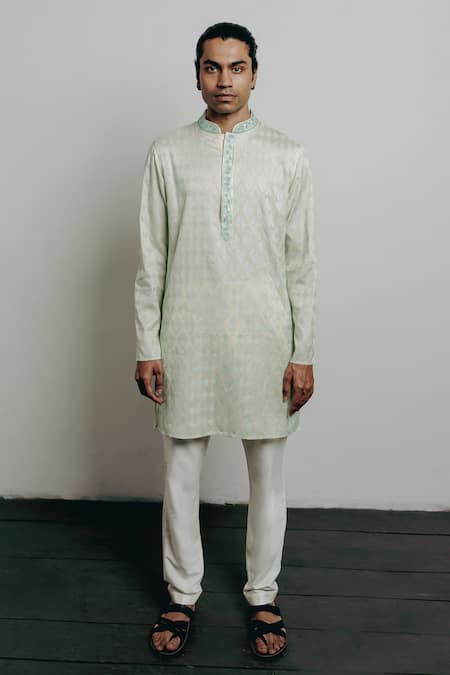 Krishna Mehta Cream Cotton Viscose Embroidered Geometric Pattern Kurta And Pant Set