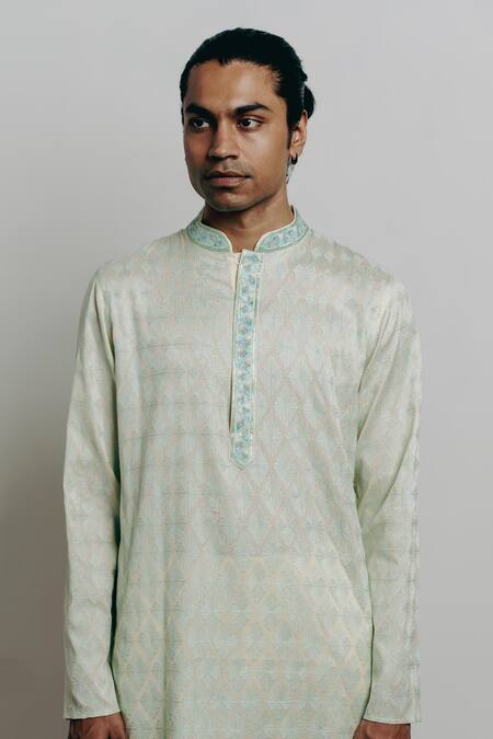 Shop Krishna Mehta Cream Cotton Viscose Embroidered Geometric Pattern Kurta And Pant Set Online at Aza Fashions Shop_Krishna Mehta_Cream Cotton Viscose Embroidered Geometric Pattern Kurta And Pant Set _Online_at_Aza_Fashions