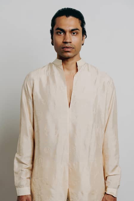 Krishna Mehta_Beige Tussar Embroidery Cow And Lotus Motif Kurta _Online_at_Aza_Fashions