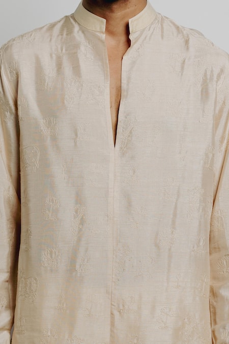 Buy_Krishna Mehta_Beige Tussar Embroidery Cow And Lotus Motif Kurta _Online_at_Aza_Fashions