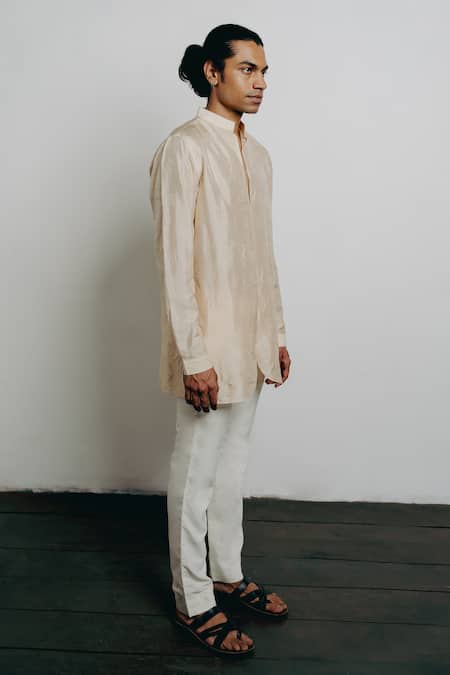 Shop_Krishna Mehta_Beige Tussar Embroidery Cow And Lotus Motif Kurta _Online_at_Aza_Fashions