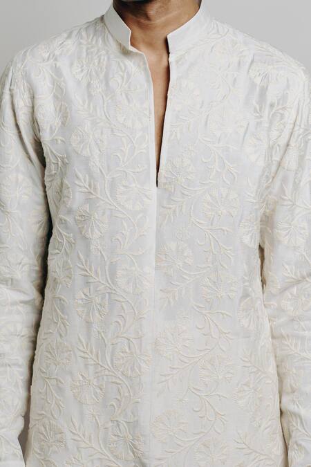 Shop_Krishna Mehta_White Cotton, Viscose Embroidery Floral Thread Kurta_Online_at_Aza_Fashions