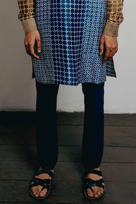 Krishna Mehta_Blue Tussar, Silk Printed Straight Short Kurta And Pant Set_Online_at_Aza_Fashions
