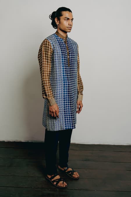 Buy_Krishna Mehta_Blue Tussar, Silk Printed Straight Short Kurta And Pant Set_Online_at_Aza_Fashions