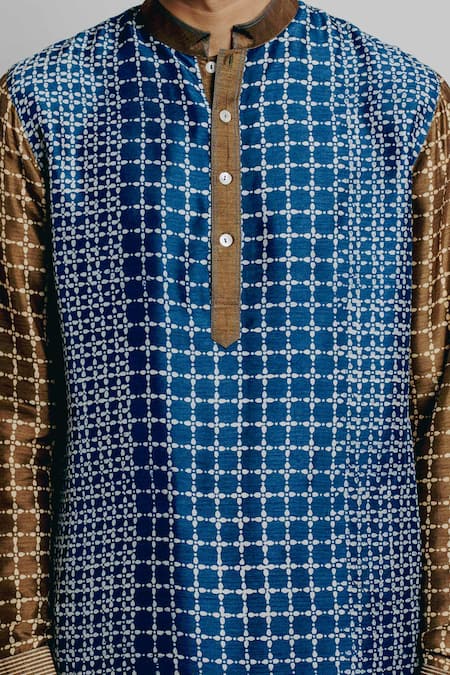 Krishna Mehta_Blue Tussar, Silk Printed Straight Short Kurta And Pant Set_at_Aza_Fashions