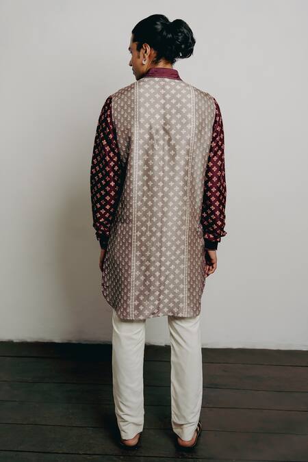 Shop Krishna Mehta Grey Tussar Embroidery Block Print Kurta And Pant Set at Aza Fashions Shop_Krishna Mehta_Grey Tussar Embroidery Block Print Kurta And Pant Set_at_Aza_Fashions