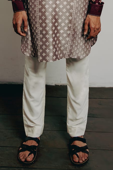 Krishna Mehta Grey Tussar Embroidery Block Print Kurta And Pant Set Online at Aza Fashions Krishna Mehta_Grey Tussar Embroidery Block Print Kurta And Pant Set_Online_at_Aza_Fashions