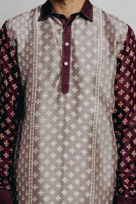 Buy Krishna Mehta Grey Tussar Embroidery Block Print Kurta And Pant Set Online at Aza Fashions Buy_Krishna Mehta_Grey Tussar Embroidery Block Print Kurta And Pant Set_Online_at_Aza_Fashions