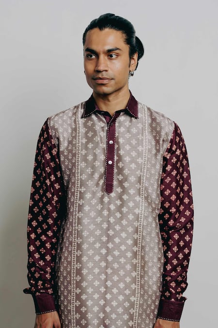 Shop Krishna Mehta Grey Tussar Embroidery Block Print Kurta And Pant Set Online at Aza Fashions Shop_Krishna Mehta_Grey Tussar Embroidery Block Print Kurta And Pant Set_Online_at_Aza_Fashions