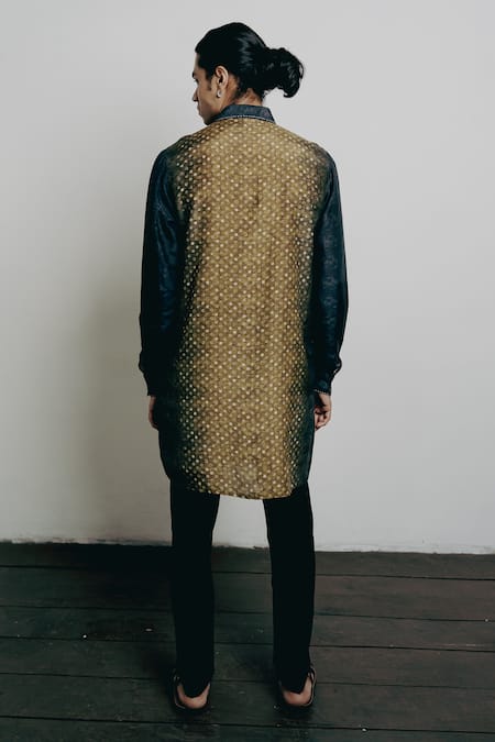 Shop Krishna Mehta Yellow Tussar Embroidery Baatik Dot Print Kurta And Pant Set at Aza Fashions Shop_Krishna Mehta_Yellow Tussar Embroidery Baatik Dot Print Kurta And Pant Set_at_Aza_Fashions