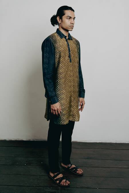 Buy Krishna Mehta Yellow Tussar Embroidery Baatik Dot Print Kurta And Pant Set Online at Aza Fashions Buy_Krishna Mehta_Yellow Tussar Embroidery Baatik Dot Print Kurta And Pant Set_Online_at_Aza_Fashions