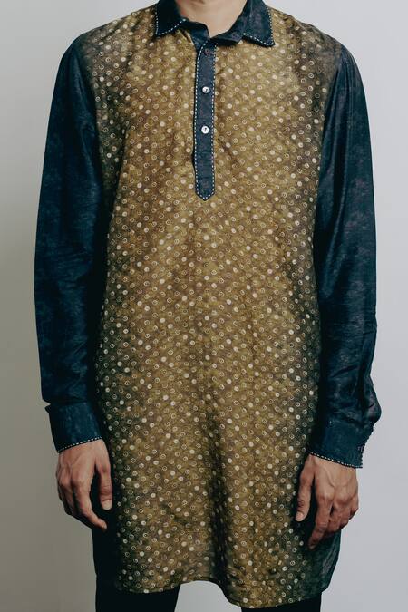 Shop Krishna Mehta Yellow Tussar Embroidery Baatik Dot Print Kurta And Pant Set Online at Aza Fashions Shop_Krishna Mehta_Yellow Tussar Embroidery Baatik Dot Print Kurta And Pant Set_Online_at_Aza_Fashions