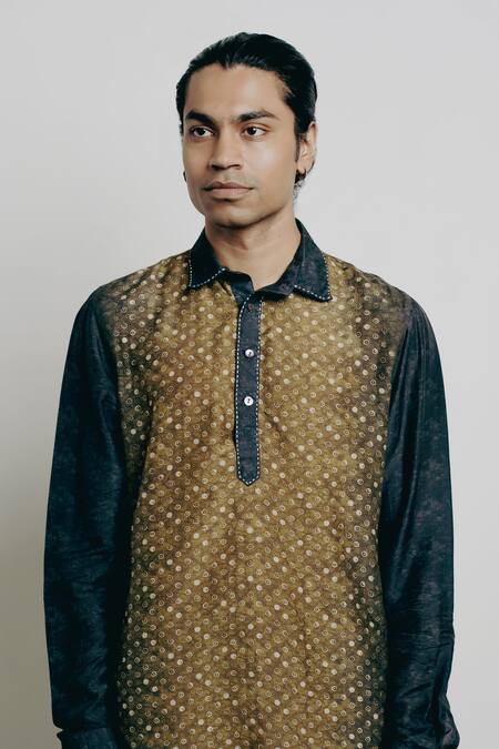 Krishna Mehta Yellow Tussar Embroidery Baatik Dot Print Kurta And Pant Set at Aza Fashions Krishna Mehta_Yellow Tussar Embroidery Baatik Dot Print Kurta And Pant Set_at_Aza_Fashions