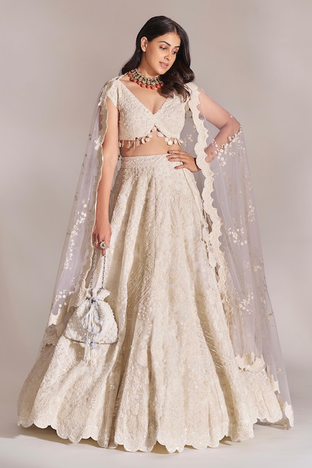 Buy Ivory White Embroidered Bridal Lehenga With Kurta And Jacket