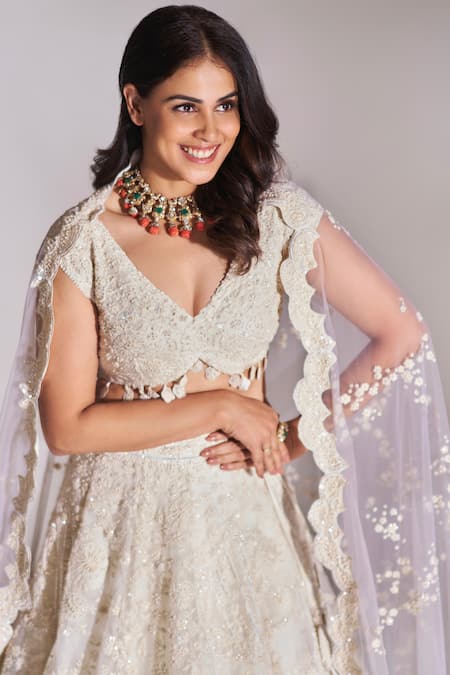Osaa By Adarsh White Organza Zari, Embroidery, Applique Plunge Neck Floral Bridal Lehenga Set Online at Aza Fashions Osaa By Adarsh_White Organza Zari, Embroidery, Applique Plunge Neck Floral Bridal Lehenga Set _Online_at_Aza_Fashions