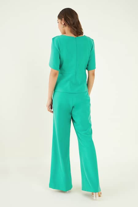 Shop Bohobi Blue Crepe Crystals V-neck Asira Placement Embroidered Top And Flared Pant Set at Aza Fashions Shop_Bohobi_Blue Crepe Crystals V-neck Asira Placement Embroidered Top And Flared Pant Set _at_Aza_Fashions