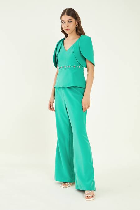 Buy Bohobi Blue Crepe Crystals V-neck Asira Placement Embroidered Top And Flared Pant Set Online at Aza Fashions Buy_Bohobi_Blue Crepe Crystals V-neck Asira Placement Embroidered Top And Flared Pant Set _Online_at_Aza_Fashions