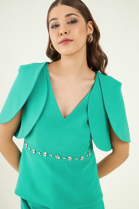 Shop Bohobi Blue Crepe Crystals V-neck Asira Placement Embroidered Top And Flared Pant Set Online at Aza Fashions Shop_Bohobi_Blue Crepe Crystals V-neck Asira Placement Embroidered Top And Flared Pant Set _Online_at_Aza_Fashions