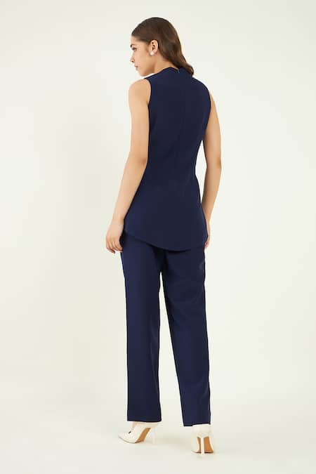 Shop Bohobi Blue Chiffon, Crepe V-neck Evara Pleated Top And Pant Set at Aza Fashions Shop_Bohobi_Blue Chiffon, Crepe V-neck Evara Pleated Top And Pant Set _at_Aza_Fashions