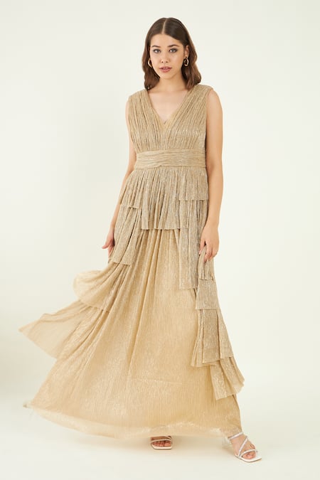 Bohobi_Gold Crepe V-neck Glow Up Metallic Tiered Dress _Online_at_Aza_Fashions