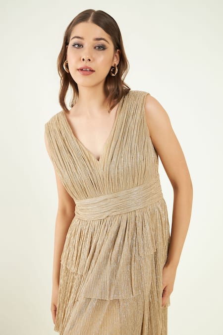 Shop_Bohobi_Gold Crepe V-neck Glow Up Metallic Tiered Dress _Online_at_Aza_Fashions