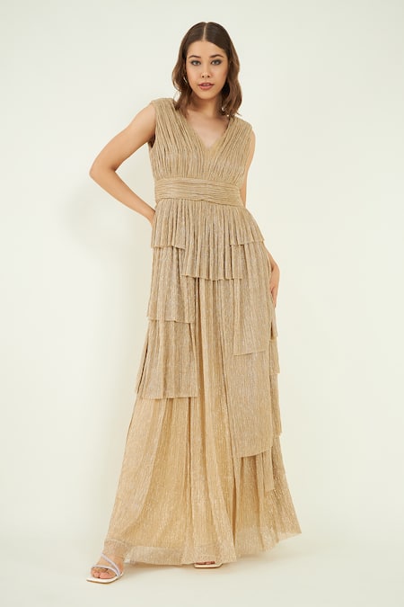 Bohobi_Gold Crepe V-neck Glow Up Metallic Tiered Dress _at_Aza_Fashions