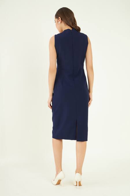 Shop Bohobi Blue Crepe V-neck Solid Draped Dress at Aza Fashions Shop_Bohobi_Blue Crepe V-neck Solid Draped Dress _at_Aza_Fashions